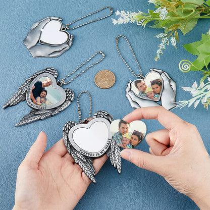 SUPERFINDINGS 4 Sets 2 Styles Alloy Heat Transfer Sublimation Blank Pendant Angel Wing Hands Holding Love Heart Photo Frame Pendant DIY Keychain Decorations