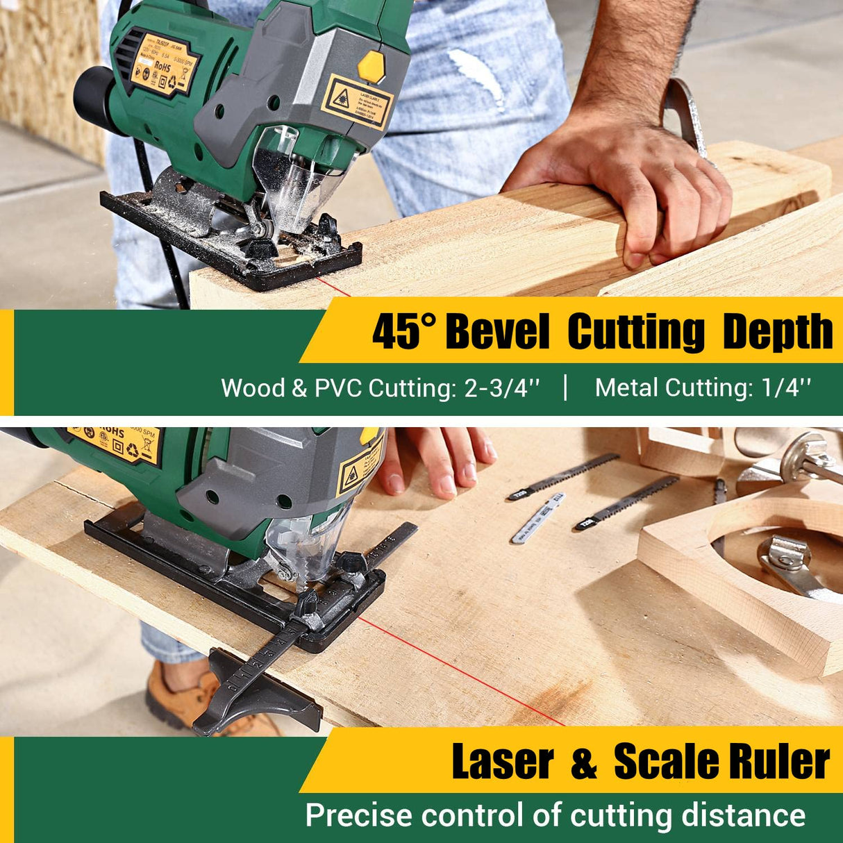 Jigsaw, TECCPO 6.5 Amp 3000 SPM Jig Saw with Laser, 6 Variable Speed, 6 Blades, ±45° Bevel Cutting, 4 Orbital Settings, Pure Copper Motor, with Carrying Case - TAJS01P TECCPO