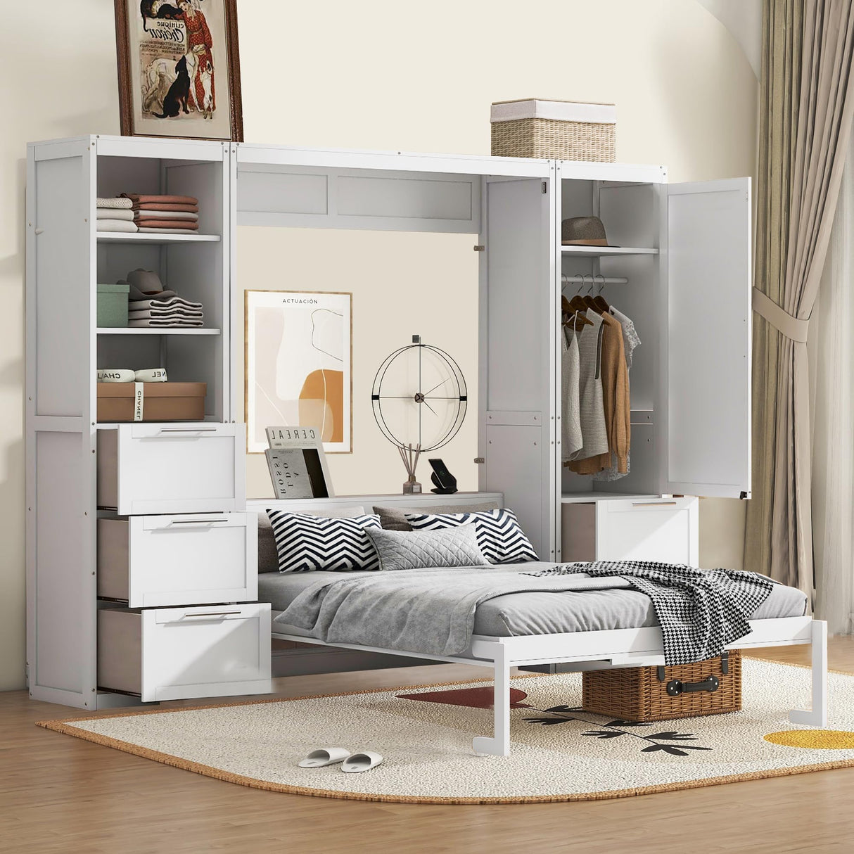 Harper & Bright Designs Queen Size Murphy Bed with Closet, Wall Bed with Drawers and Shelves, White Harper & Bright Designs