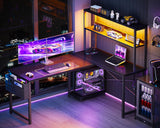 ODK 53 Inch L Shaped Desk with LED Lighting, Reversible Gaming Desk with Power Outlets, Cornor Computer Table with Storage Shelves & Bag & Iron Hook, Home Office Table for Writing, Study, Black ODK