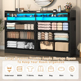 Hlivelood 59''W Long Wooden 8 Drawer Dresser for Bedroom with Glass Tabletop,Modern Wide 6 Chest of Drawers & 2 Jewelry Drawers,LED Light,Charging Station,Tall Storage Dresser for Bedroom,Black Hlivelood