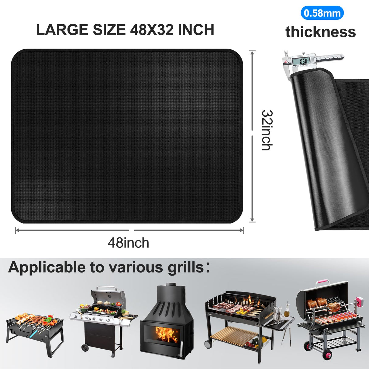 CHERAINTI Under Grill Mat for Outdoor Grill, Large 48 x 32 Inch Double-Sided Fireproof Deck and Patio Protector Mat, Oil-Proof Waterproof Indoor Fireplace Fire Pit BBQ Mat Grill Pad for Under Grill CHERAINTI