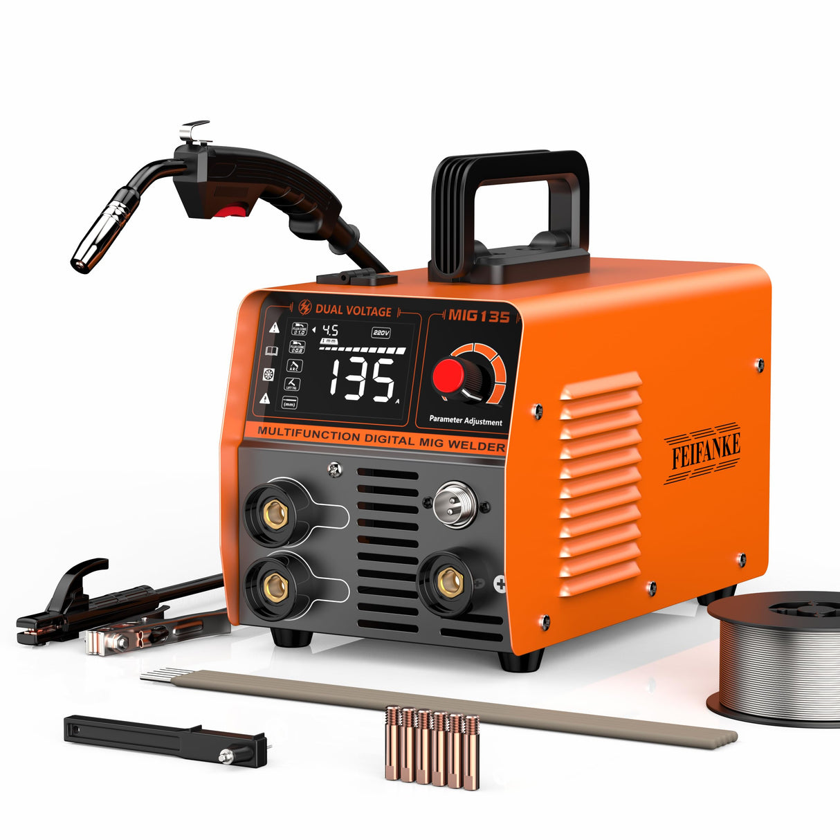 FEIFANKE 135A Flux Core MIG Welder, 110V 3-IN-1 MIG/ARC/Lift TIG Welding Machine with 1 lb .030'' Wire, MIG Torch and 5 PCS Rods, Gasless Welder with IGBT, DC Inverter, Synergy For Repair Work FEIFANKE