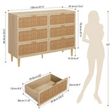 Rattan 6 Drawer Dresser for Bedroom, Large Double Dresser with Deep Drawers, Chest of Drawers for Closet with Wide Top, Long Wooden Dresser for Living Room, Hallway, Kids Room, Natural GarveeHome