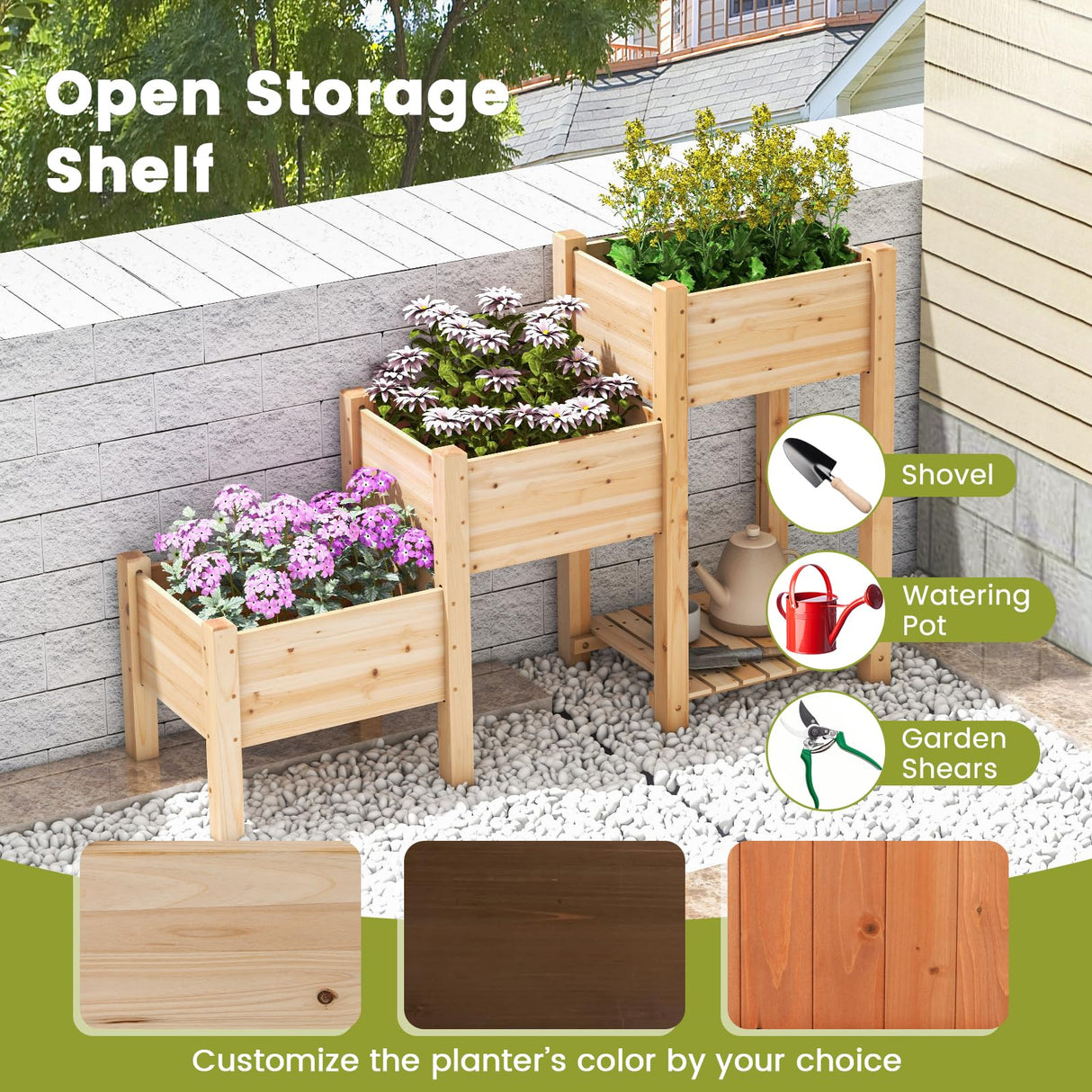 HAPPYGRILL 3-Tire Raised Garden Bed, Wooden Raised Planter Box with 3 Planter Boxes, Drainage Holes, Open Storage Shelf, Outdoor Garden Bed with Legs for Plant, Fruit, Vegetable, Flower, Herb HAPPYGRILL