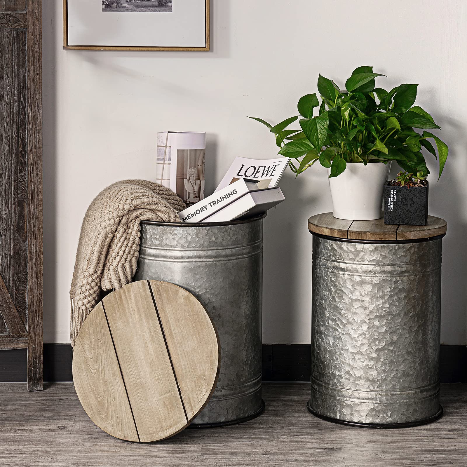 oneinmil Rustic End Table with Storage Bins Farmhouse Furniture Galvanized Metal Stool Ottoman Seat with Round Wood Lid Set of 2 - WoodArtSupply