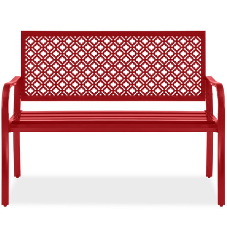 Best Choice Products Outdoor Bench 2-Person Metal Steel Benches Furniture for Garden, Patio, Porch, Entryway w/Geometric Backrest, 790lb Capacity - Rose Red Best Choice Products