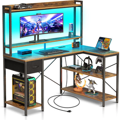 Seventable Gaming Desk with LED Light & Power Outlets, 47 inch Computer Desk with Shelves, Reversible L Shaped Desk with Monitor Stand, Corner Desk for Small Space, Rustic Brown - WoodArtSupply