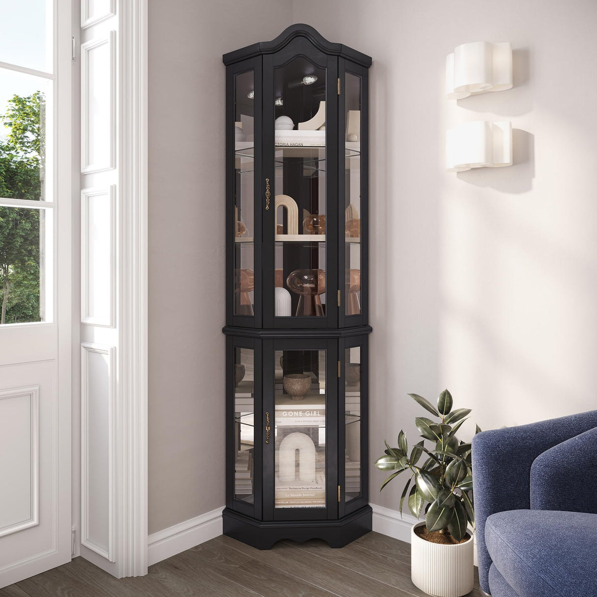 BELLEZE Lighted 3-Side Glass Display Curio Cabinet w/Tempered Glass Doors and Shelves, Curved Wood Corner Cabinet with Bulb, Corner Storage Rack for Living Room and Kitchen (Black) BELLEZE