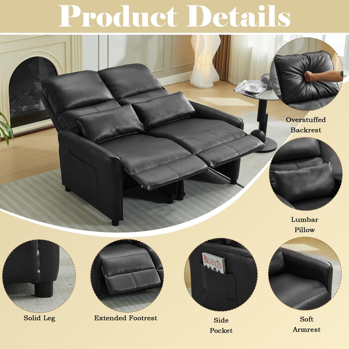 DRMBOOK 52'' RV Loveseat Recliner Sofa, Faux Leather Double Camper Couch 2 Seater Recliner, Home Movie Theater Seating Chair, 2 Person Push Back Recliners for Living Room, Black DRMBOOK