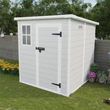 Outdoor Storage Shed 6x6 FT, Resin Lean to Shed with Floor, Window, Lockable Door, Waterproof Outside Sheds Patio Furniture Tool Shed for Bike, Garbage Can, Lawn Mower (Grey, 6 * 6ft) OUEEEDD