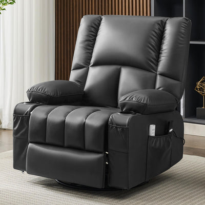 Power Rocker Recliner Chair with Heat and Massage, 270° Swivel Recliner Chairs for Adults, USB and Type-C Ports, Oversized Recliner Single Sofa, Electric Glider Recliner Chair (Leather, Black)