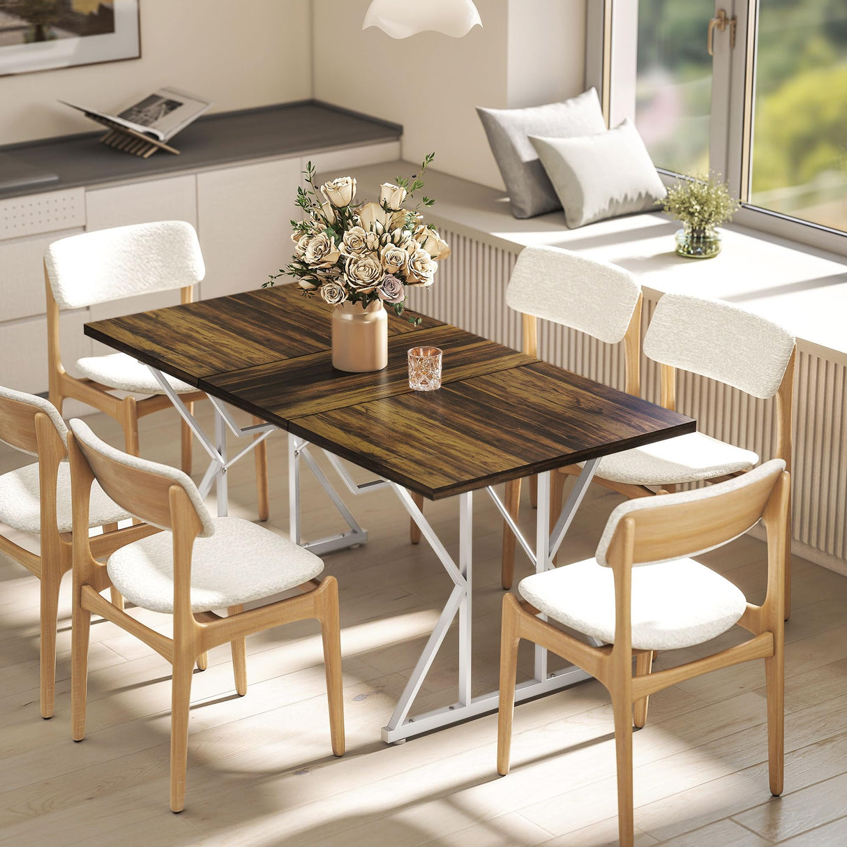 HOMCOM 47"-63" Expandable Dining Table for 4-6 People, Farmhouse Dinner Table with Heavy Duty Metal Trestle Base, Rectangle Kitchen Desk, Distressed Brown HOMCOM