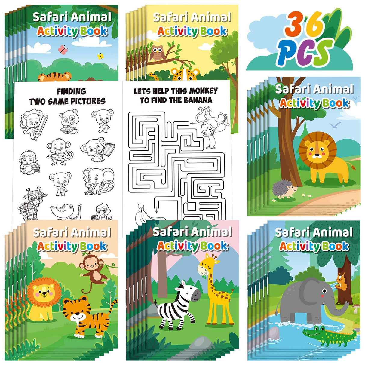 Sinmoe 36 Pcs Safari Animals Mini Activity Books for Kids Coloring Drawing Books Set with Lion Tiger Giraffe Patterns DIY Game Party Favors Fun Classroom Gifts Goody Filler Teachers Daycare Prize Sinmoe