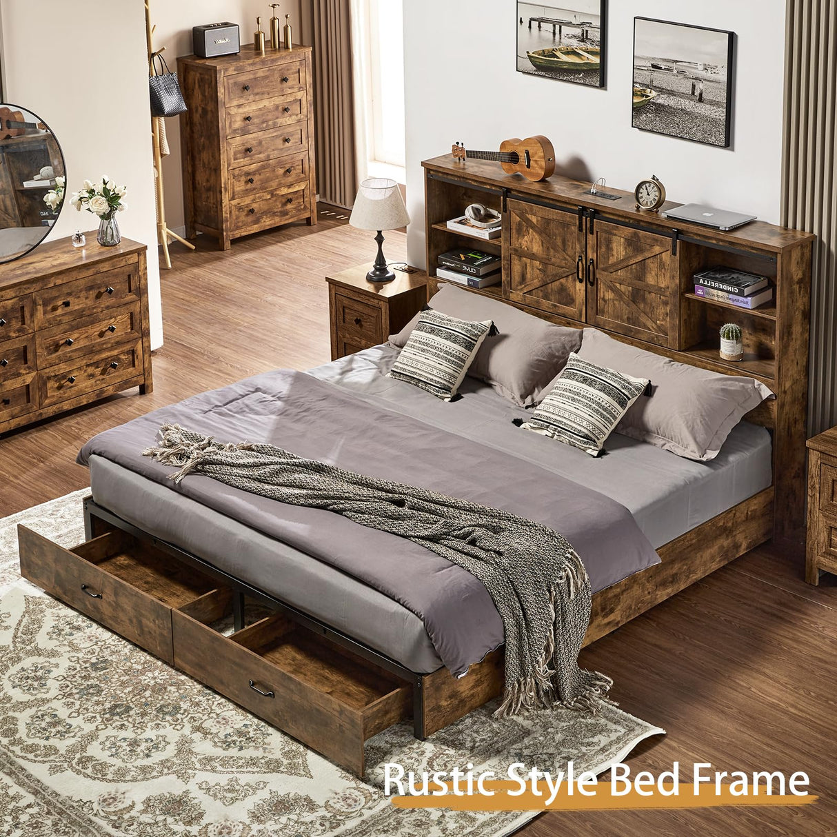 VanAcc Full Size Bed Frame, Wooden Platform Storage Bed with 51.2" Bookcase Headboard, 2 Drawers, Charging Station/No Box Spring Needed/Noise Free(Rustic Brown) VanAcc