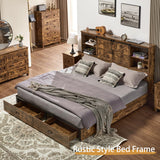 VanAcc Full Size Bed Frame, Wooden Platform Storage Bed with 51.2" Bookcase Headboard, 2 Drawers, Charging Station/No Box Spring Needed/Noise Free(Rustic Brown) VanAcc