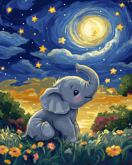 OKSGYTA Elephant Playing in Meadow Paint by Numbers Kit for Adults Beginner, Elephant at Night Paint by Numbers, Night Acrylic Oil Painting for Gift Home Decor (16x20inches, No Frame) OKSGYTA