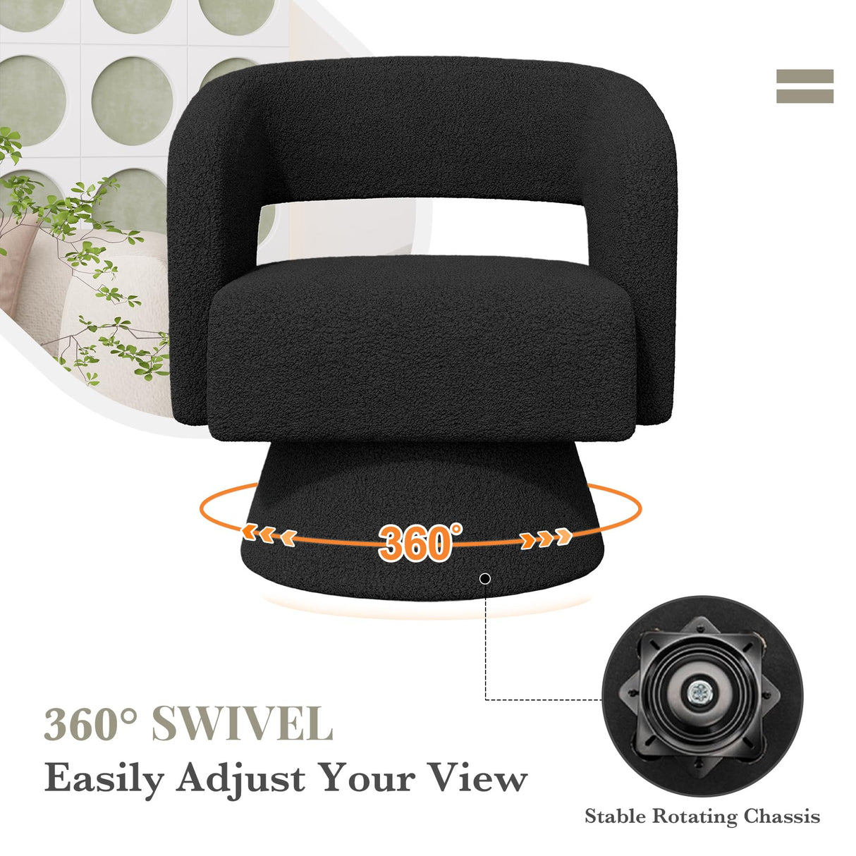 Swivel Barrel Accent Chair,Oversized Teddy Upholstered Round Swivel Chair,Modern Luxury 360 Degree Living Room Vanity Chair for Bedroom Office,Black Luxanimarion