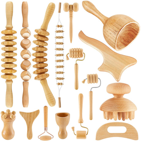 16-in-1 Wood Therapy Massage Tools Set Maderoterapia Kit Therapy Tools for Body Sculpting Muscle Pain Relief Lymphatic Drainage Women Face Wood Roller Fascia Massage Boao