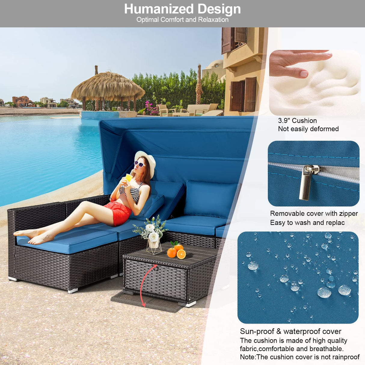 HOMREST 6 Pieces Patio Furniture Sets, Rattan Daybed with Retractable Canopy, Outdoor Sectional Sofa Set with Adjustable Backrest, Chaise Chair Sunbed for Garden Poolside Backyard (Blue) HOMREST