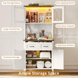IRONCK 71" Kitchen Pantry Cabinet with LED Lights and Power Outlets, Farmhouse Kitchen Hutch Cabinet with Microwave Stand, Tall Cupboard Kitchen Cabinet with Countertop for Kitchen, White IRONCK