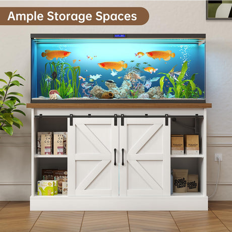 OtterOasis 55-75 Gallon Fish Tank Stand with Sliding Barn Doors & Power Outlet, Heavy Duty Aquarium Stand with Cabinet Storage for Fish Tank, Turtle Tank, Reptile Terrarium, 1000LBS Capacity, White OtterOasis