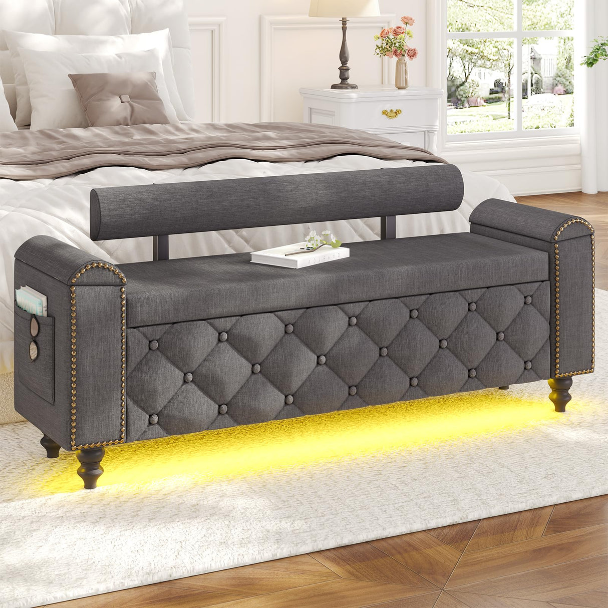 51" Ottoman with Storage, Storage Ottoman Bench with Upholstered Backrest, Tufted Entryway Bench with Curved Arm Support, End of Bed Bench with LED Lights,Storage Bench for Bedroom,Living Room,Grey Tagafi