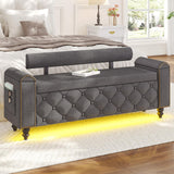 51" Ottoman with Storage, Storage Ottoman Bench with Upholstered Backrest, Tufted Entryway Bench with Curved Arm Support, End of Bed Bench with LED Lights,Storage Bench for Bedroom,Living Room,Grey Tagafi