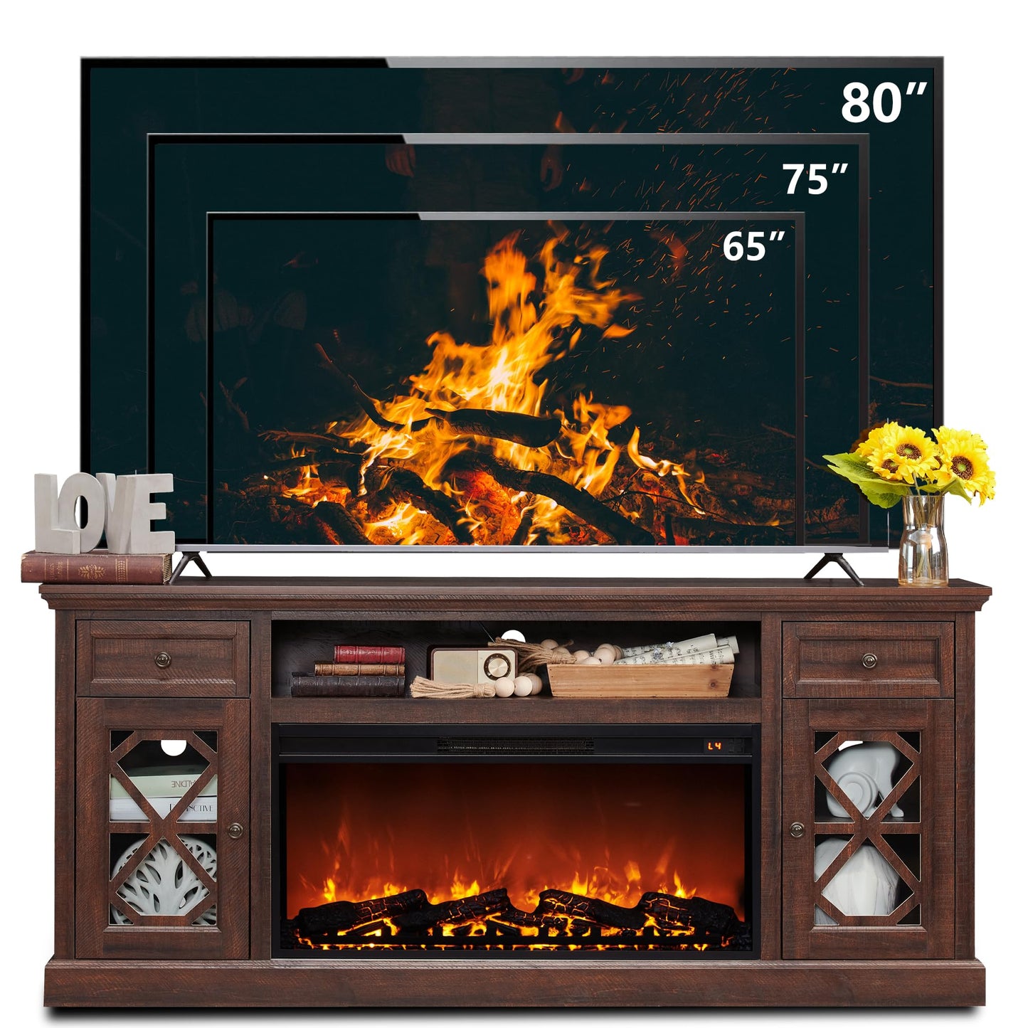 IFGET Farmhouse Fireplace TV Stand with 36" Electric Fireplace for 80 Inch TVs, 31" Tall Entertainment Center w/Drawer & Diamond Panel Door, Highboy Media Console for Living Room, 70inch, Bro - WoodArtSupply