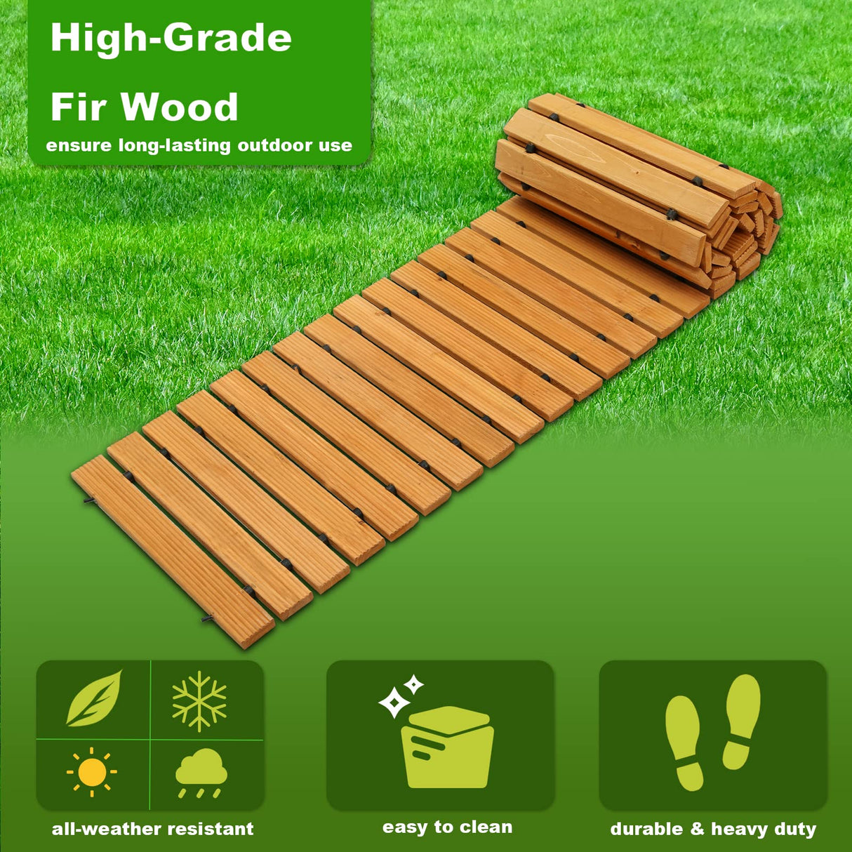 LINSHRY 8FT Wooden Garden Pathway, Outdoor Roll Out Decorative Garden Walkway, Weather-Resistant Non-Slip Wooden Walkway Pavers for Garden, Backyard, LINSHRY