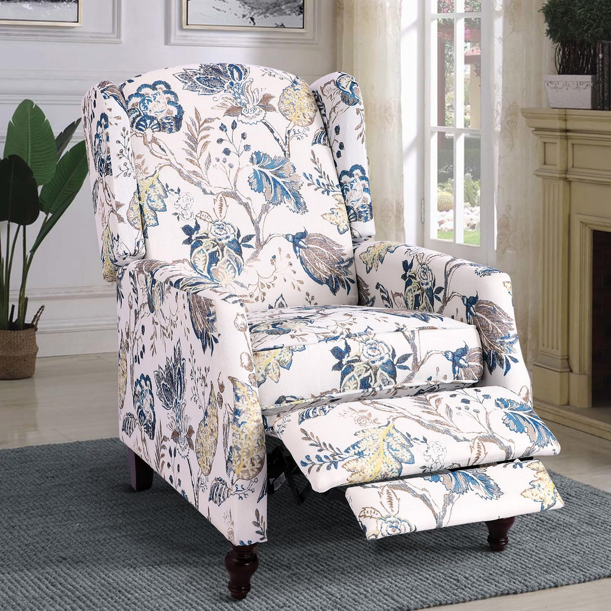 GUEAPY Mid Century Modern Wingback Recliner Chair for Adults, Push Back Upholstered Accent Chair with Floral Fabric, Manual Reclining Armchair for Living Room, Bedroom, Reading Corner (Blue Botanical) GUEAPY