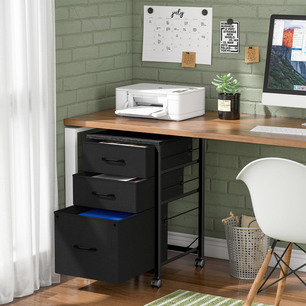 Raybee 3 Drawer File Cabinet Printer Stand Filing Cabinet Rolling File Cabinets for Home Office Fabric Vertical Office Storage Cabinet Fits A4, Legal, Letter Size, 16.9" D*15.6" W*26.6" H, Black Raybee