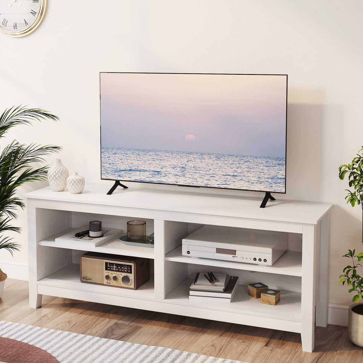 Gyger TV Stand for 65 inch TV with Storage,Modern TV Entertainment Center for Bedroom,TV Media Console Table with 4 Open Storage Shelve,55 inch Wood TV Cabinet White Gyger