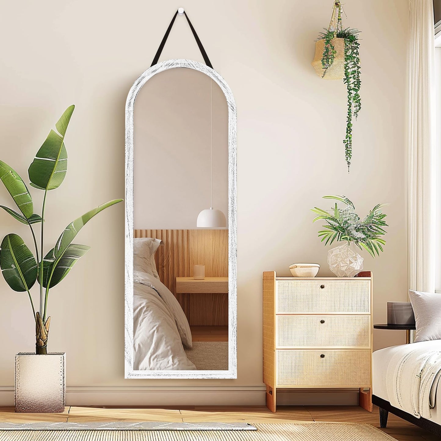 ABSWHLM 16"x48" Arched Full Length Mirror Solid Wood Wall Mirror with Hanging Strap for Living Room Bathroom Bedroom Entryway - White