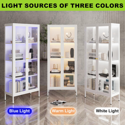 UNICOLY Display Cabinet with Glass Doors, Glass Display Cabinet with Lights, Curio Display Cabinet with 3 Shelves, Metal Storage Cabinet with 3 Color LED Lights for Living Room. White