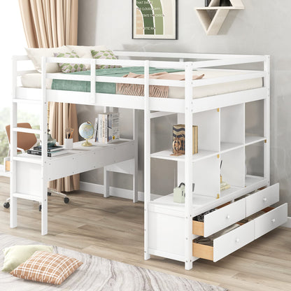 Merax Full Size White Loft Bed with Desk, Drawers, and Storage Shelves - WoodArtSupply