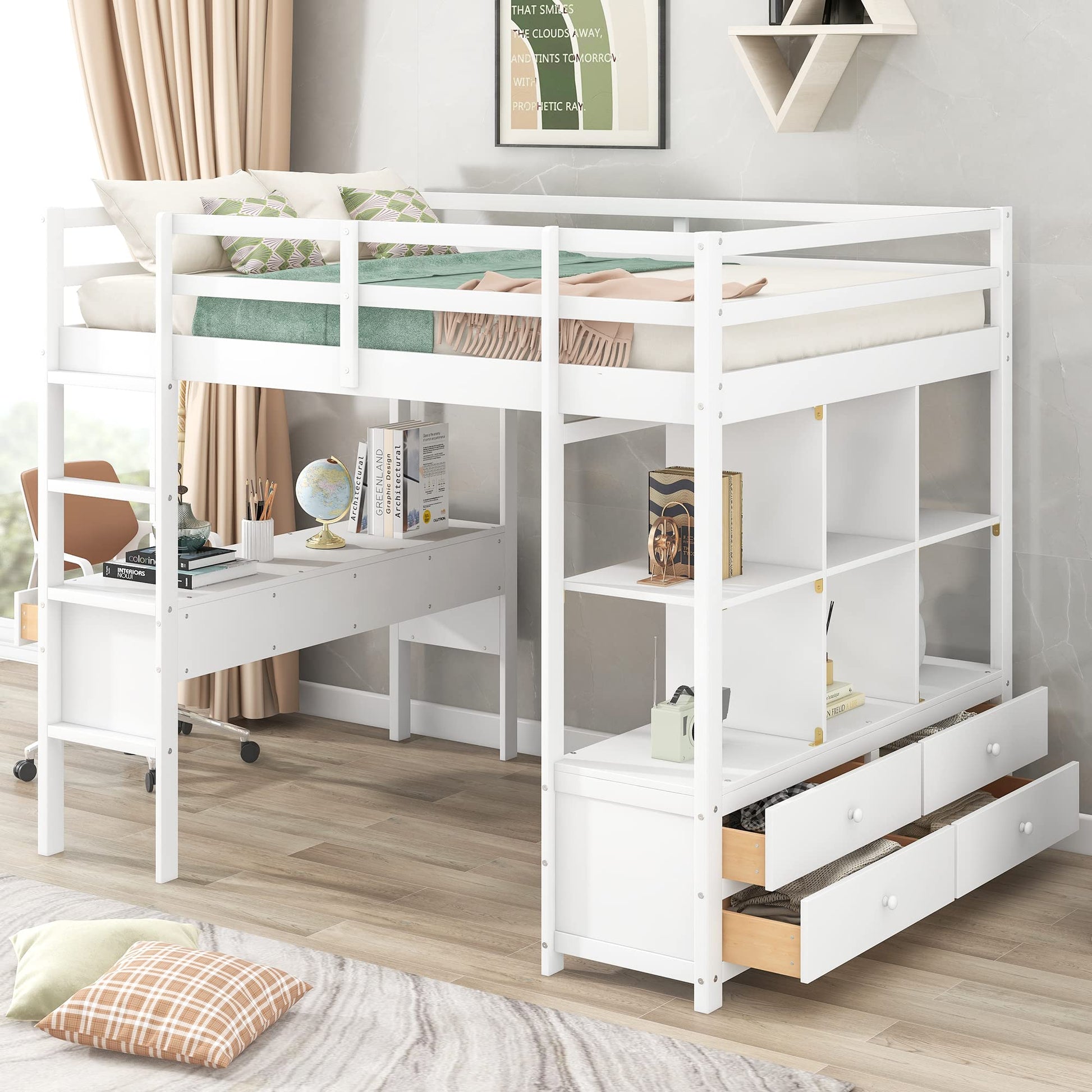 Modern White Full Loft Bed with Desk & Storage by Harper & Bright Designs - WoodArtSupply