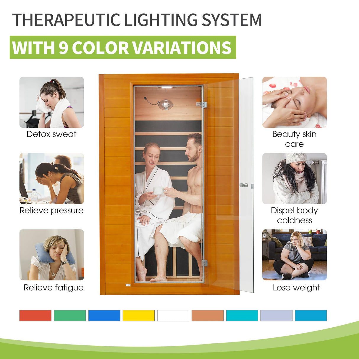 Real Relax Near Zero EMF Canadian Hemlock Wood 9 Chromo Therapy Lights, Oxygen Lonizer, Bluetooth Speakers for Home Spa Days Sauna Room, 2 Persons Real Relax