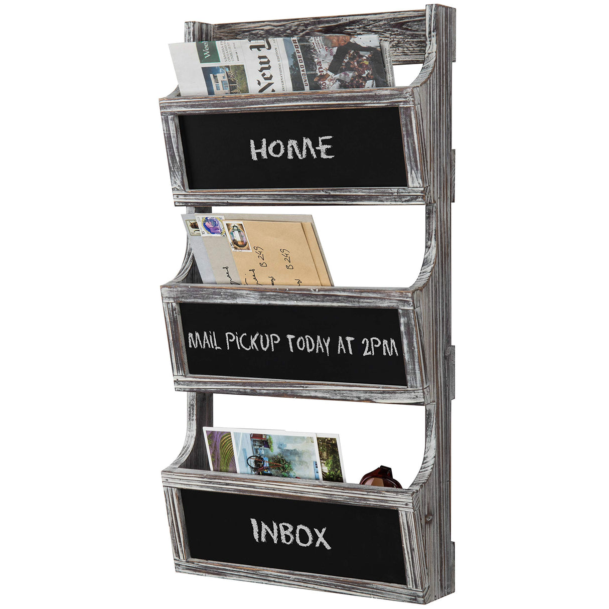 MyGift Wall Mounted Torched Solid Wood Magazine and Mail Holder Organizer Rack with 3 Slots and Chalkboard Labels MyGift