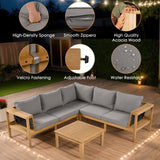 Merax 4 Pieces Patio Furniture Set, Outdoor L-Shaped Sectional Sofa Set with Coffee Table, Acacia Wood Conversation Seating & Thick Cushions and Side Table, for Garden, Poolside and Backyard, Gray Merax