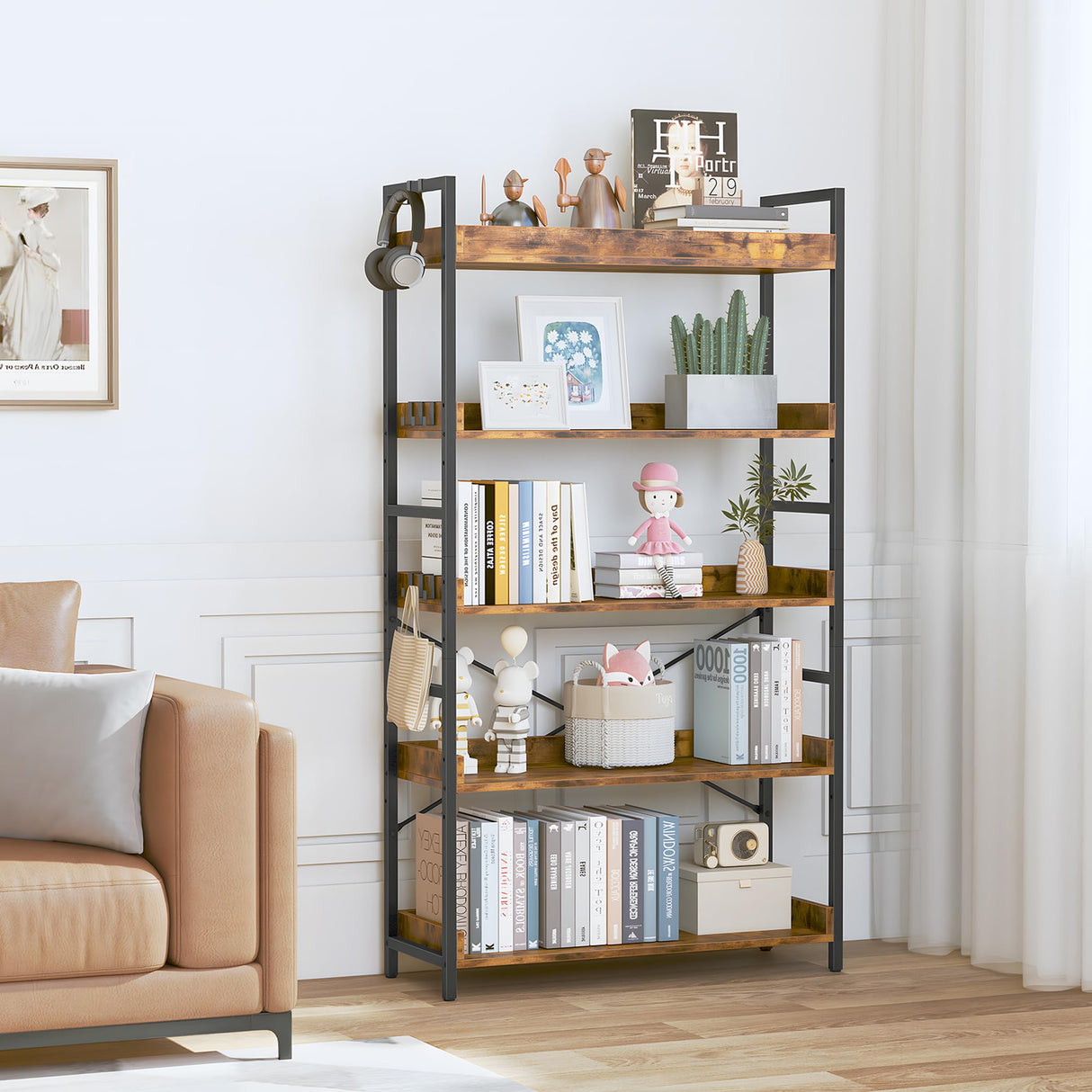 HCHQHS 5 Tier Bookshelf, Adjustable Industrial Bookcase, Vertical Tall Book Shelf, Wood and Black Metal Open Bookshelves for Home Office, Living Room, Bedroom HCHQHS