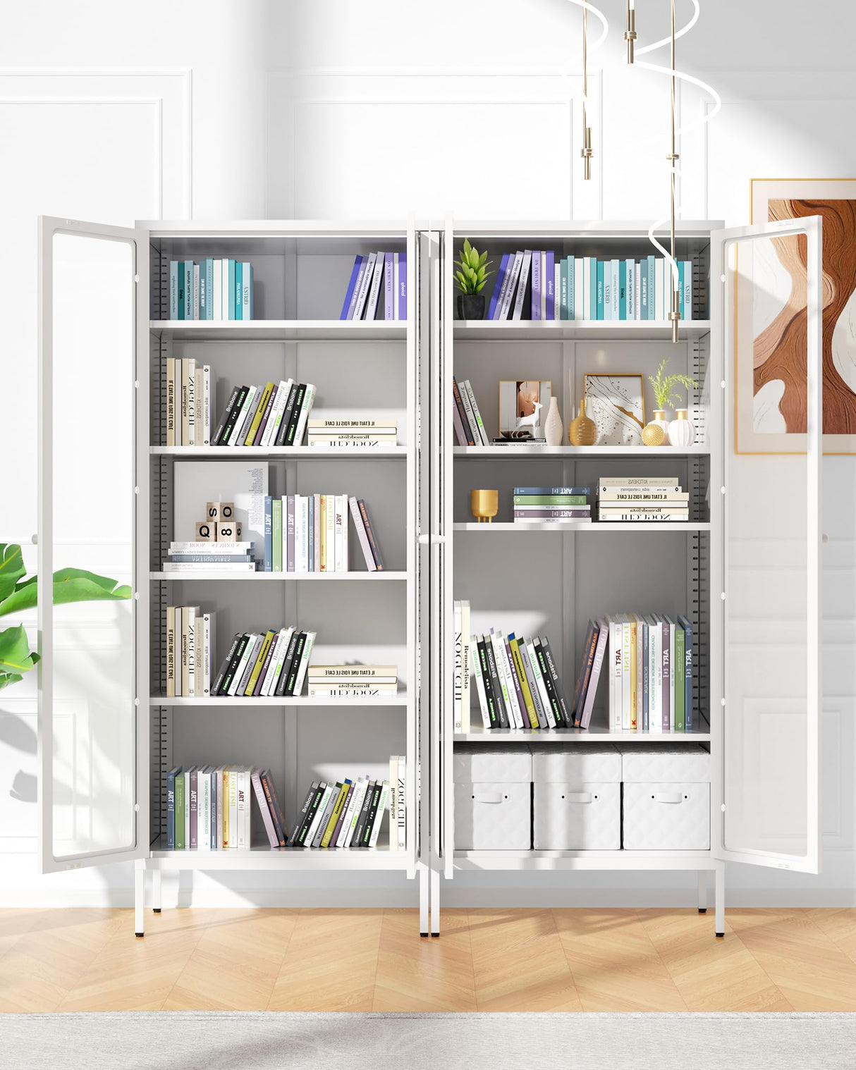 Bonusall Display Cabinet with Glass Doors,67” Metal Display Curio Cabinet with Glass Doors and 4 Adjustable Shelves for Collectibles,Home Office,Living Room,Gaming Room(White) Bonusall