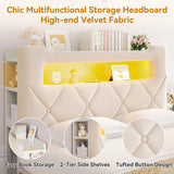 Full Upholstered LED Bed Frame with 2 Storage Drawers and 2-Tier Storage Headboard, Velvet Princess Platform Bed with Charging Station & Bookcase,Heavy Duty Metal Support,No Box Spring Needed,Beige Jocoevol