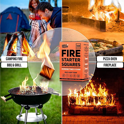 Grill Trade Fire Starter Squares 144, Easy Burn Your BBQ Grill, Camping Fire, Wood Stove, Smoker Pellets, Lump Charcoal, Fireplace - Fire Cubes are The Best Barbeque Accessories