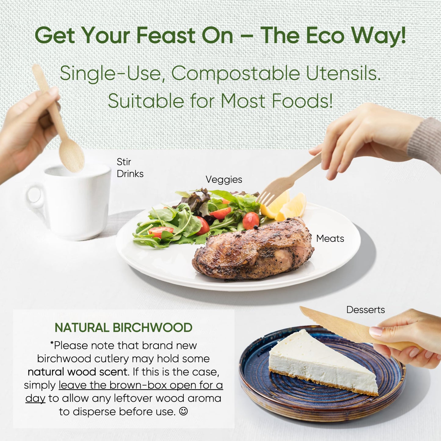 EcoPreps 100% Compostable Wooden Cutlery Set (360 PCS - 150 Forks, 125 Spoons, 85 Knives) Eco-Friendly, Natural, Biodegradable Disposable Utensils Set | Birch Wood Disposable Forks, Knives, and Spoons