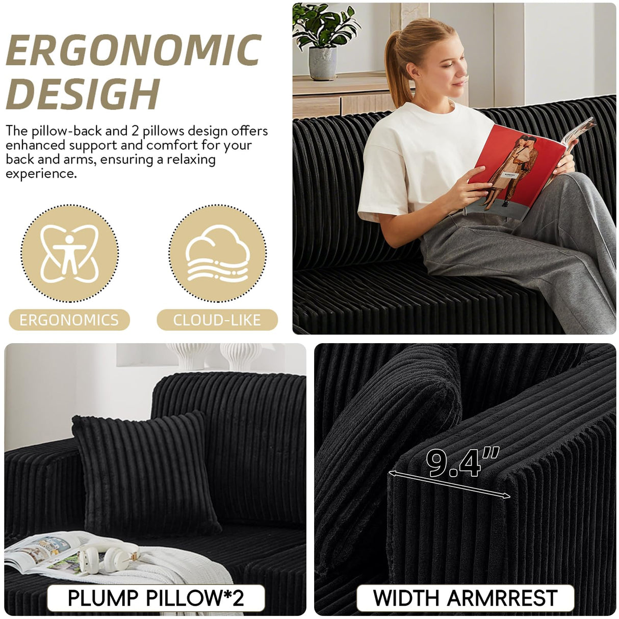 134 Inch Cloud Sectional Couch for Living Room,Corduroy Boneless Couches with L-Shape Chaise,Modern Modular Sectional Sofa with Deep Seat,No Assembly Required (Black, U-Shaped Sofa) ZKJOLMN