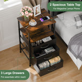 Dicasser Nightstand with Drawers, Bedside Table with Open Shelf, Nightstand with LED, Small Side Table for Small Spaces, Night Stand Storage Shelf for Bedroom, Brown and Black Dicasser