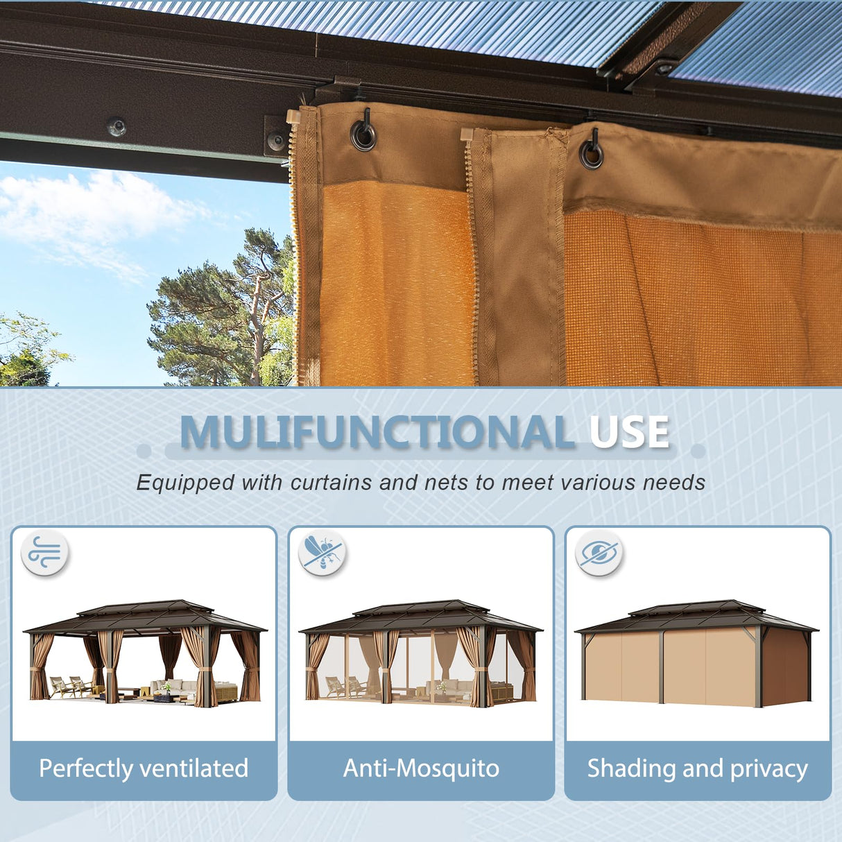 Aoxun 12'x20' Hardtop Gazebo, Aluminum Frame Permanent Pavilion with Curtains and Netting, Outdoor Polycarbonate Double Roof Canopy, Designed for Garden, Lawns, Patio Aoxun