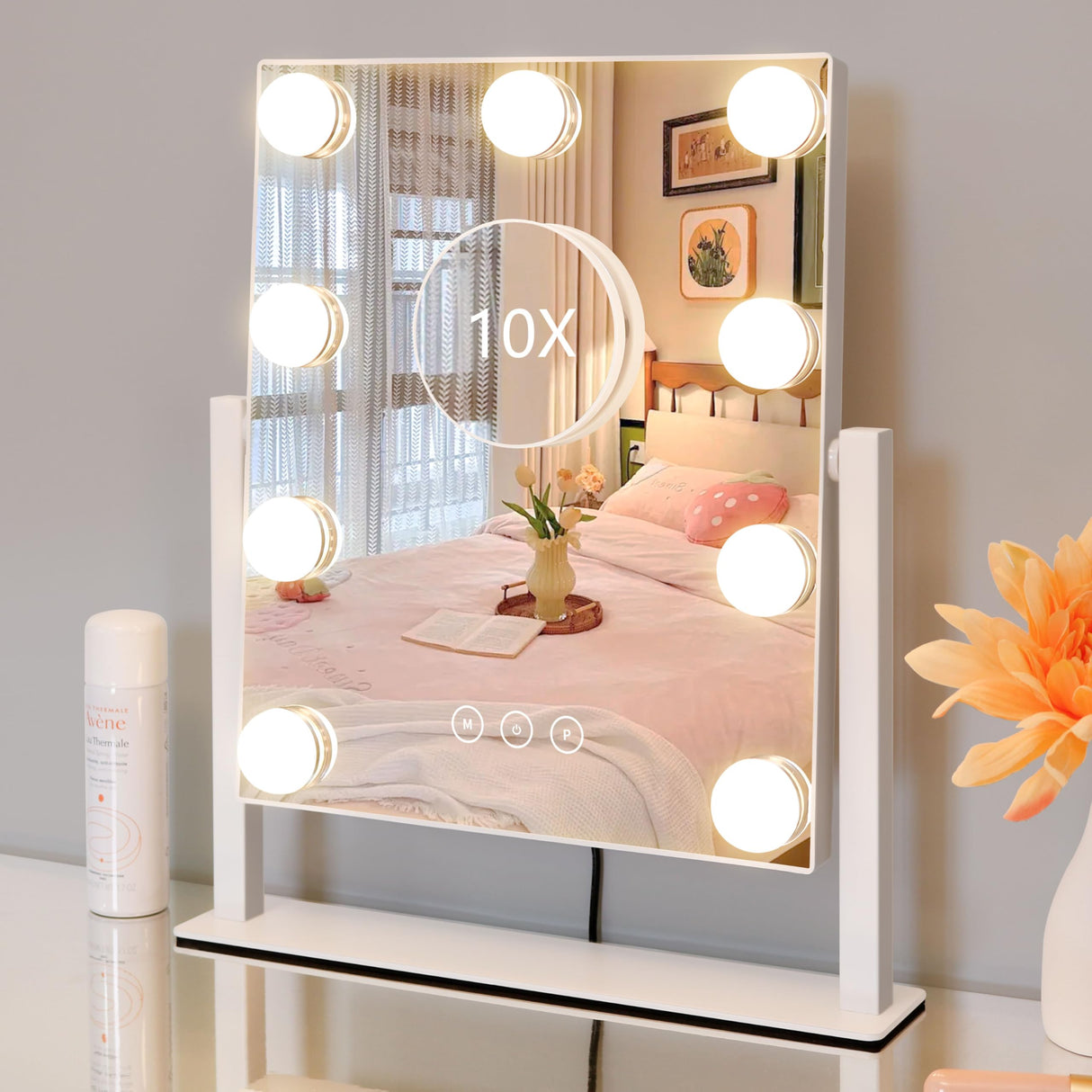 Kotdning Vanity Mirror with Lights,Lighted Vanity Mirror with 9 Dimmable Bulbs for Dressing Room & Bedroom,3 Color Lighting,Modes Detachable 10x Magnification 360°Ratation(White) 12" L x 14.4" W Kotdning
