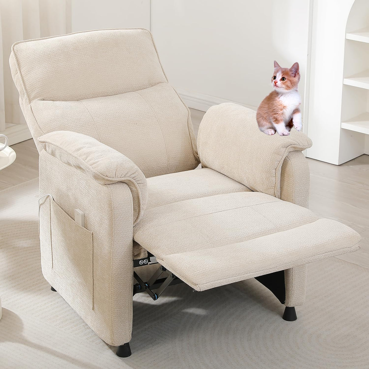 Small Recliners for Small Spaces, Adjustable Electric Recliner Chairs for Adults, Ultra-Comfy Chenille Power Recliner Chair w/Side Pockets & Remote for Nursery, Living Room, Bedroom (Beige) MWrouqfur